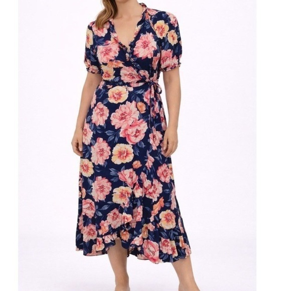Old Navy Womens Floral Print Navy Blue Midi‎ Wrap Dress Size S